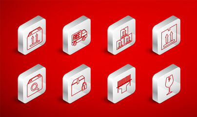 Set line Fragile broken glass, Free delivery service, Cardboard box with traffic, Scanner scanning bar code, Locked package and Search icon. Vector