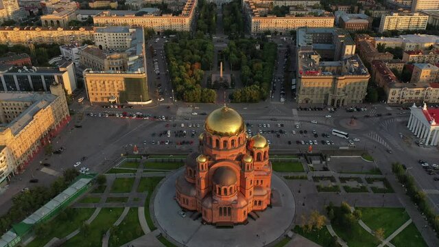 small town in the morning, aerial view of the volgograd and the church on the main square 