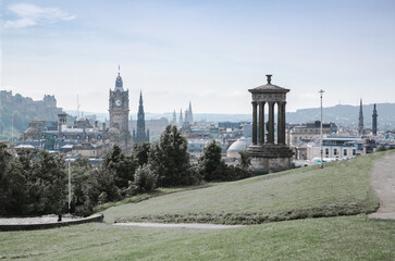 Edinburg view from Calton hill. View include Edinburg castle, Balmoral hotel tower, Dugald Stewart Monument. Scotland, UK
