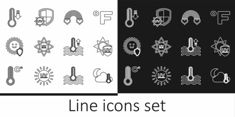 Set line Thermometer and cloud, moon, UV protection, Rainbow with heart, Meteorology thermometer, Water and icon. Vector