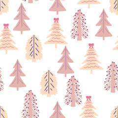 Seamless pattern with Christmas trees, modern flat design. A set of unusual colored Christmas trees. Pink, lilac, beige. For printed products - poster paper, fabric or for the web.