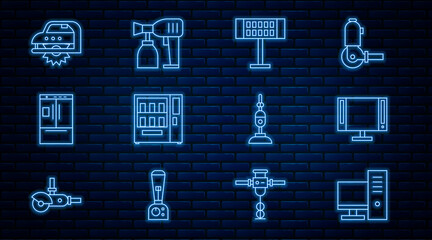 Set line Computer monitor, Smart Tv, Electric heater, Vending machine, Refrigerator, circular saw, Vacuum cleaner and Paint spray gun icon. Vector