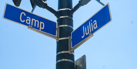 Camp and Julia Street Signs on Lamp Post in Downtown New Orleans, Louisiana, USA