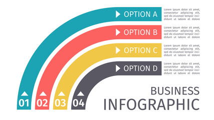 Infographics layout with 4 steps, parts, options. Trendy timeline arrows in pastel colors. Template for diagram, presentation. Vector illustration