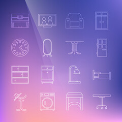 Set line Round table, Bed, Closed door, Armchair, Big full length mirror, Clock, Grand piano and icon. Vector