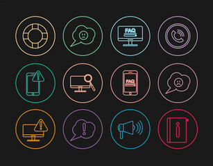 Set line User manual, Speech bubble with sad smile, Monitor FAQ information, Computer monitor diagnostics, Mobile exclamation mark, Lifebuoy, and angry icon. Vector