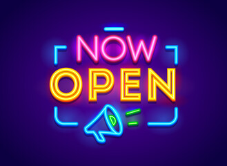 Now Open Typography, Glowing Neon Banner Isolated on Blue Background. Sign for Store, Shop Door or Company Service
