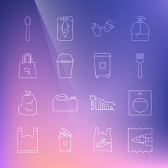 Set line Stop ocean plastic pollution, Battery in pack, Disposable fork, Problem of the, Paper glass water, Shopping bag with recycle, spoon and Trash can icon. Vector