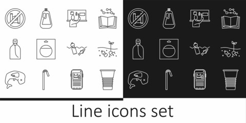Set line Paper glass, Problem of pollution planet, Stop plastic, Battery in pack, Bottle liquid soap, Say no bags poster, the ocean and for dishwashing icon. Vector