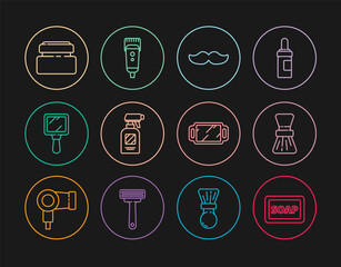 Set line Bar of soap with foam, Shaving brush, Mustache, Hairdresser pistol spray bottle, Hand mirror, Cream lotion cosmetic tube, and Electrical hair clipper shaver icon. Vector