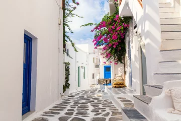 Foto op Plexiglas Smal steegje Beroemde smalle straat in de oude stad met witte huizen en Bougainvillea-bloem. Eiland Mykonos, Griekenland