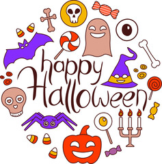 Collection of colored icons with phrase Happy Halloween