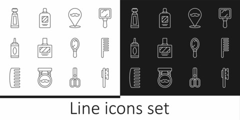 Set line Hairbrush, Barbershop, Aftershave, Bottle of shampoo, Cream or lotion cosmetic tube, Hand mirror and icon. Vector