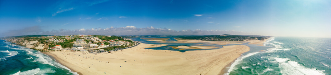 Aerial view of Foz do Arelho beach during summer, Portugal
