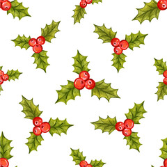 Seamless Christmas pattern with holly berries. Vector illustration