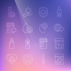 Set line Plastic bag of cannabis, Legalize marijuana globe, Shield and leaf, Marijuana or olive oil, Medical bottle with, Chemical test tube and Head icon. Vector