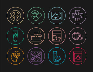 Set line Book and marijuana or cannabis, Legalize globe, Marijuana store, Manual grinder, Medical cream with, Peace, Plastic bag of and Herbal ecstasy tablets icon. Vector