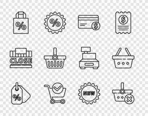 Set line Discount percent tag, Remove shopping basket, Credit card and dollar, Shopping cart with check mark, Shoping bag discount, Price text New and icon. Vector