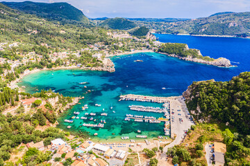 Fototapeta premium Aerial drone view of famous Paleokastritsa beach resort on Corfu island, Greece