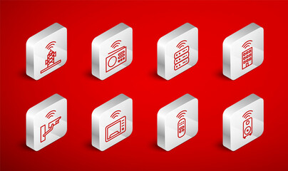 Set line Smart stereo speaker, radio, server, home with wireless, remote control, Wireless antenna, microwave oven and security camera icon. Vector