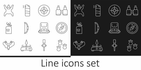 Set line Paw print, Compass, Target sport, Bow, Camping gas stove, Bear skin, Hiking backpack and Pepper spray icon. Vector
