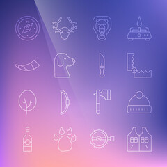 Set line Hunting jacket, Winter hat, Trap hunting, Bear head on shield, Dog, horn, Compass and Hunter knife icon. Vector