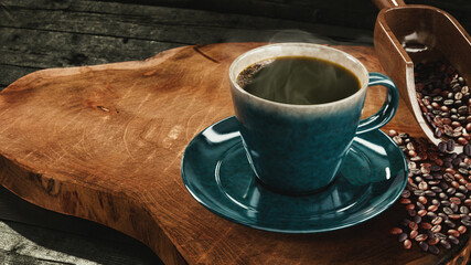 Hot Coffee in Rustic Cup with Coffee Beans on Wood Surface with Room for Copy