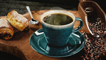 Hot Coffee in Rustic Cup with Pastry and Coffee Beans on Wood Surface