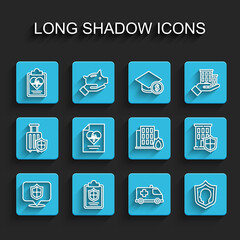 Set line Location shield, Document with, Health insurance, Emergency car, Life, House and Fire burning house icon. Vector