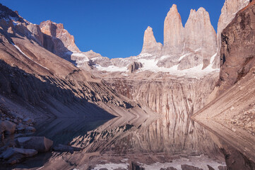 Morning view of Torres mountains. Torres del Paine national park.