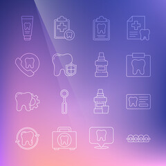 Set line Teeth with braces, Dental card, X-ray of tooth, protection, Online dental care, Tube toothpaste and Mouthwash bottle icon. Vector