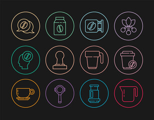 Set line Coffee pot, cup to go, Street signboard coffee, tamper, Barista, and conversation, and Bag beans icon. Vector