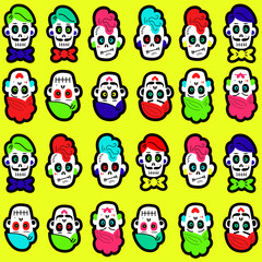 Seamless pattern with bright colorful funny skulls. Background for Halloween and the Day of the Dead. a pattern with sugar skulls. Vector illustration