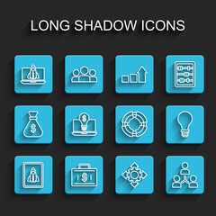 Set line Startup project concept, Briefcase and money, Project team base, Light bulb with dollar laptop, of idea and Business lifebuoy icon. Vector