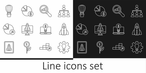 Set line Light bulb and gear, Startup project concept, Magnifying glass analysis, Financial growth, Hot air balloon, with dollar laptop and Pie chart icon. Vector