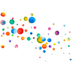 Watercolor confetti on white background. Admirable rainbow colored dots. Happy celebration square colorful bright card. Classic hand painted confetti.