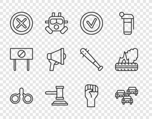 Set line Handcuffs, Traffic jam, Check mark in round, Judge gavel, X Mark, Cross circle, Megaphone, Raised hand with clenched fist and Lying burning tires icon. Vector