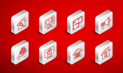 Set line Location with house, Online real estate, House plan, Megaphone, Garage, Search, and Skyscraper icon. Vector