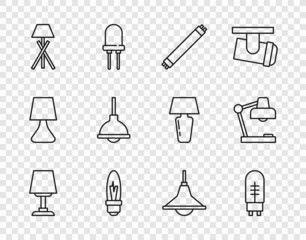 Set line Table lamp, Light emitting diode, Fluorescent, bulb, Floor, Lamp hanging, Chandelier and icon. Vector