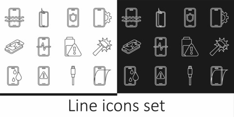 Set line Glass screen protector, Hammer, Mobile with shield, Phone repair service, broken, Waterproof phone, Smartphone battery charge and icon. Vector