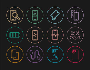 Set line Smartphone, System bug, Shockproof, Mobile charging battery, Battery, Phone repair service, and with exclamation mark icon. Vector