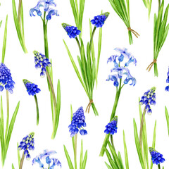 Obraz premium Watercolor seamless pattern with spring plants, blue flowers. Green herbs, leaves, branches, tiny plants, muscari and jachinth. Cute endless botanical background for wallpaper, fabric, packaging