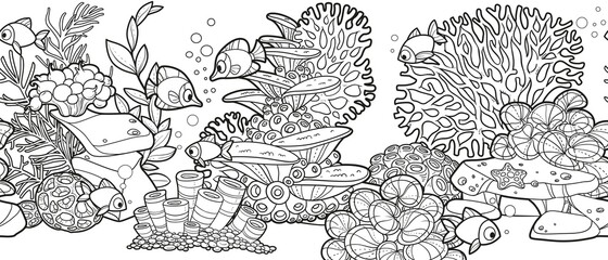 Horizontal seamless background from seabed and its inhabitants coral, anemones, seaweed, stones, flock of fishes linear drawing for coloring page