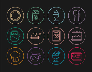 Set line Online ordering and delivery, Cake, Ice cream bowl, Roasted turkey chicken, Kettle with handle, Plate, Restaurant cafe menu and Salt icon. Vector