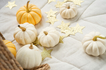 Sweet mini pumpkins and a garland of stars tumbled out of a wicker basket onto a blanket in a...