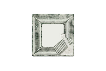 Electronic chip isolated on white background. RFID tags used for tracking and identification purposes and as an anti-theft system in commerce and retail - 459352977