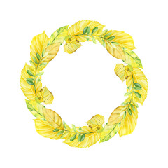 Wreath of autumn leaves. Watercolor autumn background, isolated on white. Best for festive decor, invitation, postcard, thanksgiving day