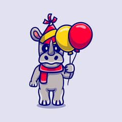 cute rhino celebrating happy new year or birthday with balloons
