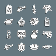 Set line M16A1 rifle, Helicopter, Walkie talkie, Military knife, Jet fighter, tank, Chevron and Gas mask icon. Vector