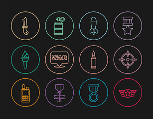 Set line Star American military, Target sport, Rocket launcher, The word war, Torch flame, Military knife, Bullet and Hand smoke grenade icon. Vector